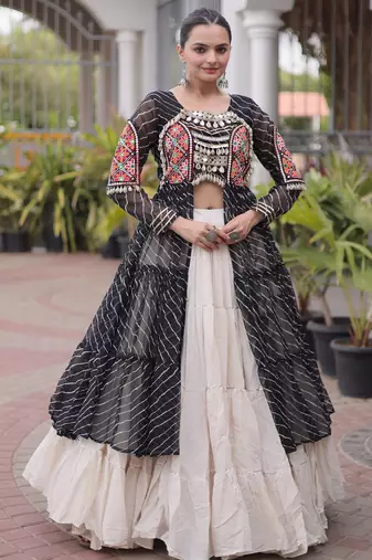 Garba outfits Black Laheriya Print Faux Georgette Kurti with Kora Cotton Lehenga Set