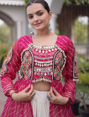 Garba outfits Pink Laheriya Print Faux Georgette Kurti with Kora Cotton Lehenga Set 5
