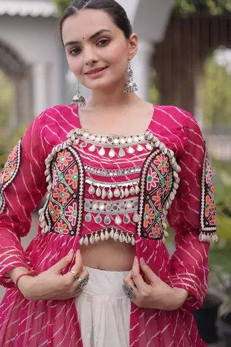 Garba outfits Pink Laheriya Print Faux Georgette Kurti with Kora Cotton Lehenga Set