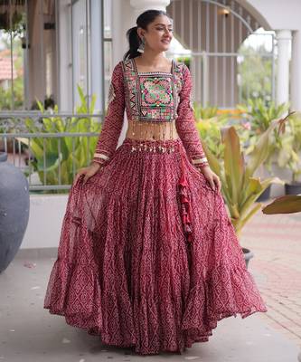 Garba outfits Maroon Bandhani Print Faux Georgette Kutchi Patchwork Lehenga Choli Set 1