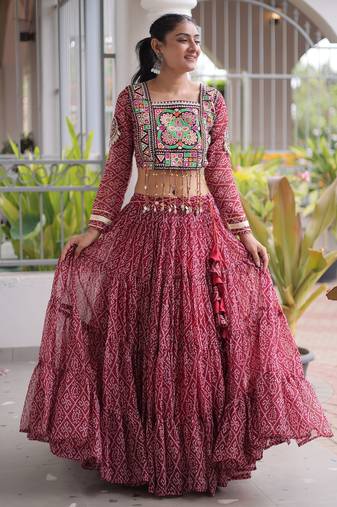 Garba outfits Maroon Bandhani Print Faux Georgette Kutchi Patchwork Lehenga Choli Set