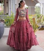 Garba outfits Maroon Bandhani Print Faux Georgette Kutchi Patchwork Lehenga Choli Set