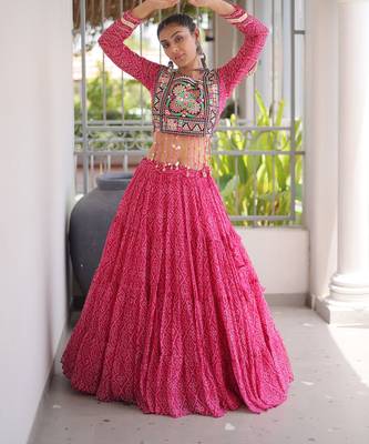 Garba outfits Pink Bandhani Print Faux Georgette Kutchi Patchwork Lehenga Choli Set 2
