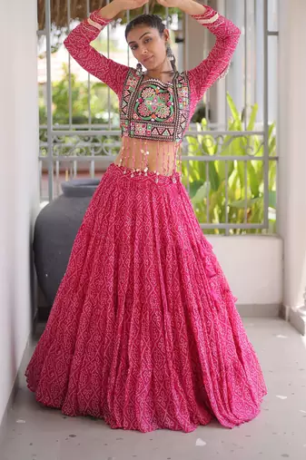 Garba outfits Pink Bandhani Print Faux Georgette Kutchi Patchwork Lehenga Choli Set