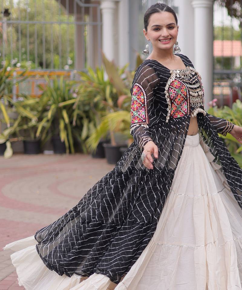 Garba outfits Black Laheriya Print Faux Georgette Kurti with Kora Cotton Lehenga Set