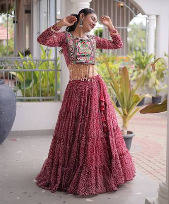 Garba outfits Maroon Bandhani Print Faux Georgette Kutchi Patchwork Lehenga Choli Set 2