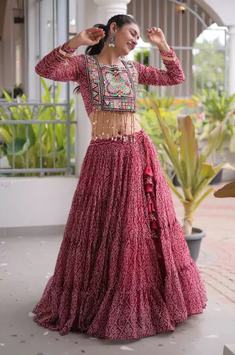 Garba outfits Maroon Bandhani Print Faux Georgette Kutchi Patchwork Lehenga Choli Set