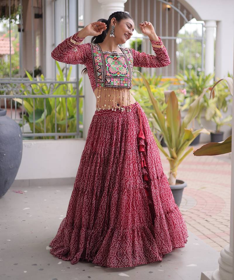 Garba outfits Maroon Bandhani Print Faux Georgette Kutchi Patchwork Lehenga Choli Set