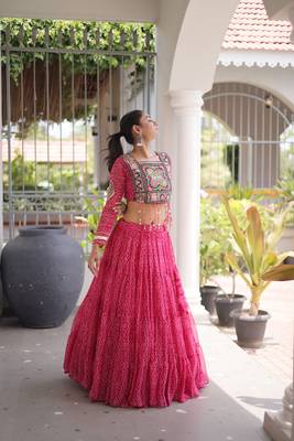 Garba outfits Pink Bandhani Print Faux Georgette Kutchi Patchwork Lehenga Choli Set 3
