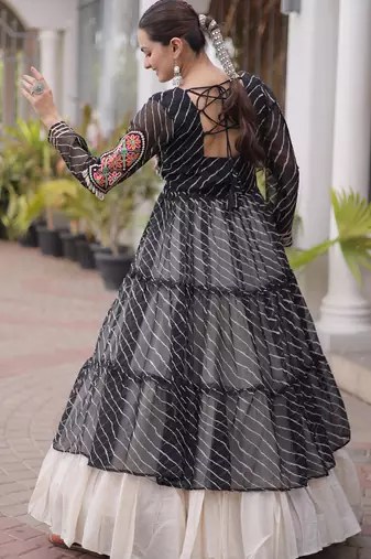 Garba outfits Black Laheriya Print Faux Georgette Kurti with Kora Cotton Lehenga Set