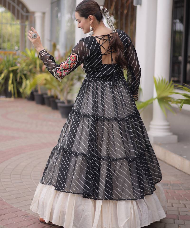 Garba outfits Black Laheriya Print Faux Georgette Kurti with Kora Cotton Lehenga Set