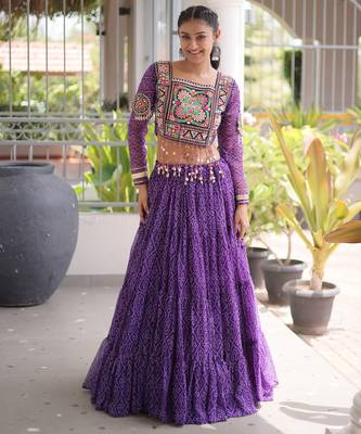 Garba outfits Purple Bandhani Print Faux Georgette Kutchi Patchwork Lehenga Choli Set 2