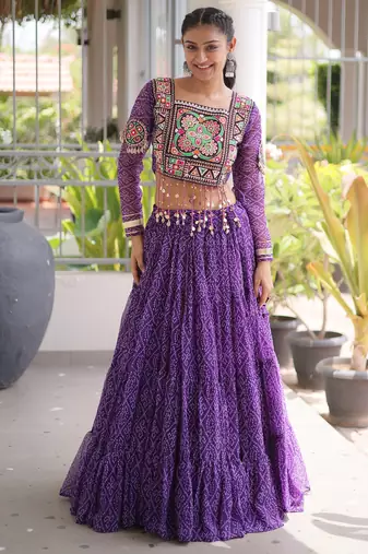 Garba outfits Purple Bandhani Print Faux Georgette Kutchi Patchwork Lehenga Choli Set