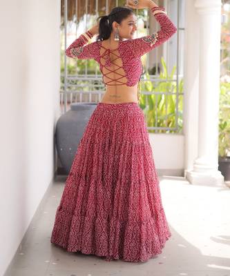 Garba outfits Maroon Bandhani Print Faux Georgette Kutchi Patchwork Lehenga Choli Set 3