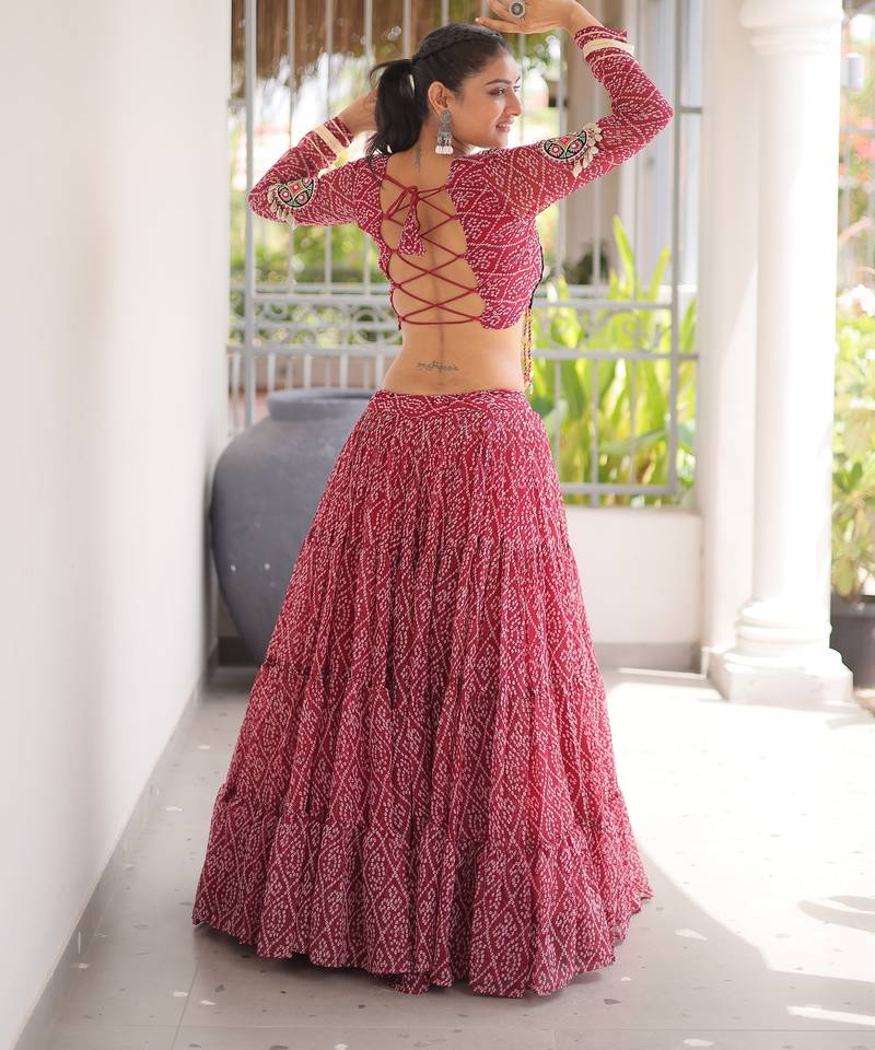 Garba outfits Maroon Bandhani Print Faux Georgette Kutchi Patchwork Lehenga Choli Set