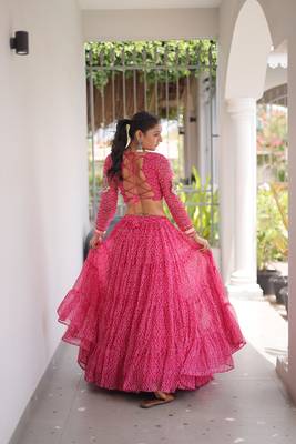 Garba outfits Pink Bandhani Print Faux Georgette Kutchi Patchwork Lehenga Choli Set 4