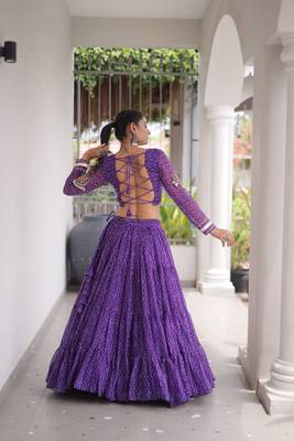 Garba outfits Purple Bandhani Print Faux Georgette Kutchi Patchwork Lehenga Choli Set 3