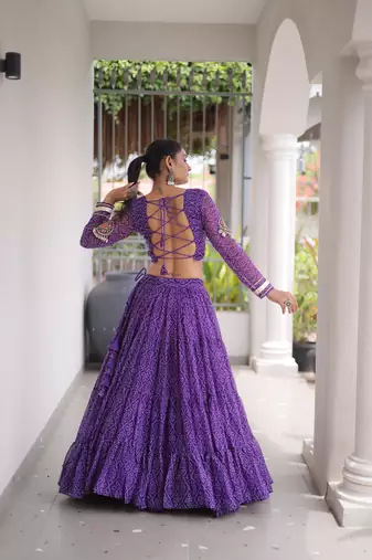 Garba outfits Purple Bandhani Print Faux Georgette Kutchi Patchwork Lehenga Choli Set