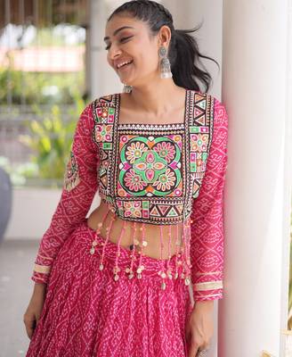 Garba outfits Pink Bandhani Print Faux Georgette Kutchi Patchwork Lehenga Choli Set 5