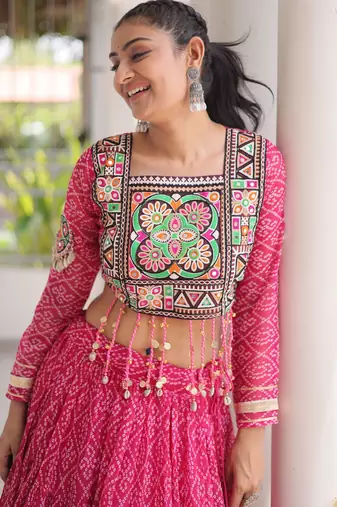 Garba outfits Pink Bandhani Print Faux Georgette Kutchi Patchwork Lehenga Choli Set