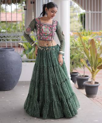 Garba outfits Green Bandhani Print Faux Georgette Kutchi Patchwork Lehenga Choli Set 1