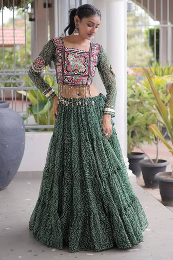 Garba outfits Green Bandhani Print Faux Georgette Kutchi Patchwork Lehenga Choli Set