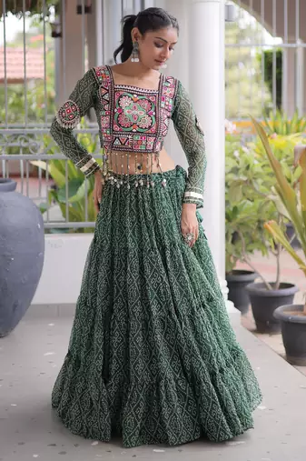 Garba outfits Green Bandhani Print Faux Georgette Kutchi Patchwork Lehenga Choli Set