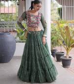 Garba outfits Green Bandhani Print Faux Georgette Kutchi Patchwork Lehenga Choli Set