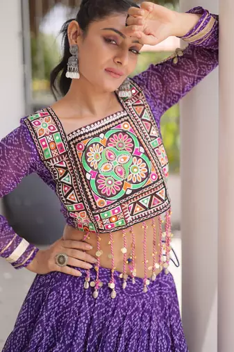Garba outfits Purple Bandhani Print Faux Georgette Kutchi Patchwork Lehenga Choli Set