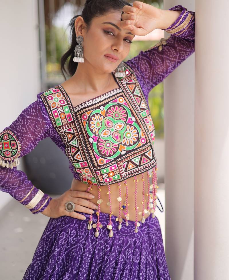 Garba outfits Purple Bandhani Print Faux Georgette Kutchi Patchwork Lehenga Choli Set