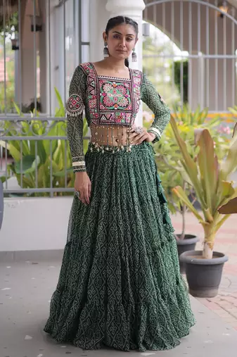 Garba outfits Green Bandhani Print Faux Georgette Kutchi Patchwork Lehenga Choli Set