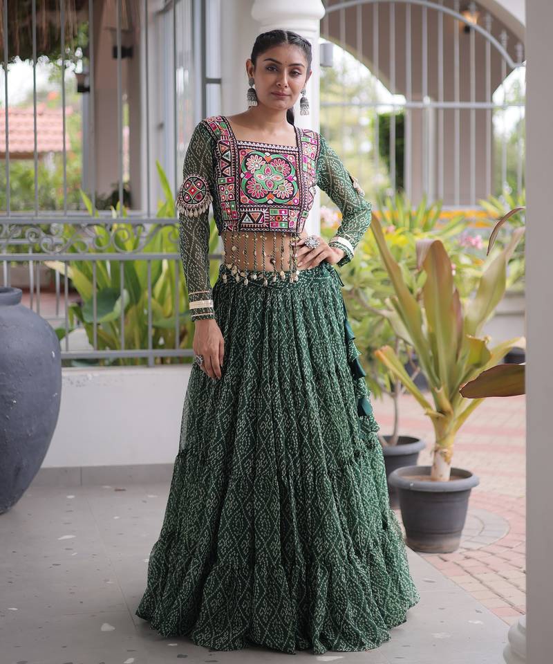 Garba outfits Green Bandhani Print Faux Georgette Kutchi Patchwork Lehenga Choli Set