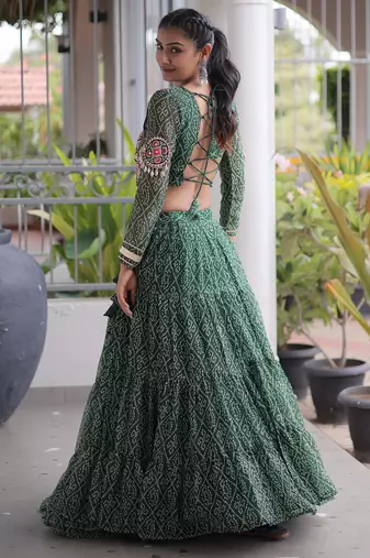 Garba outfits Green Bandhani Print Faux Georgette Kutchi Patchwork Lehenga Choli Set