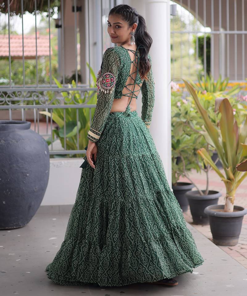 Garba outfits Green Bandhani Print Faux Georgette Kutchi Patchwork Lehenga Choli Set