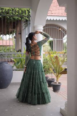 Garba outfits Green Bandhani Print Faux Georgette Kutchi Patchwork Lehenga Choli Set 4