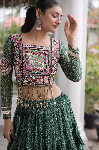 Garba outfits Green Bandhani Print Faux Georgette Kutchi Patchwork Lehenga Choli Set