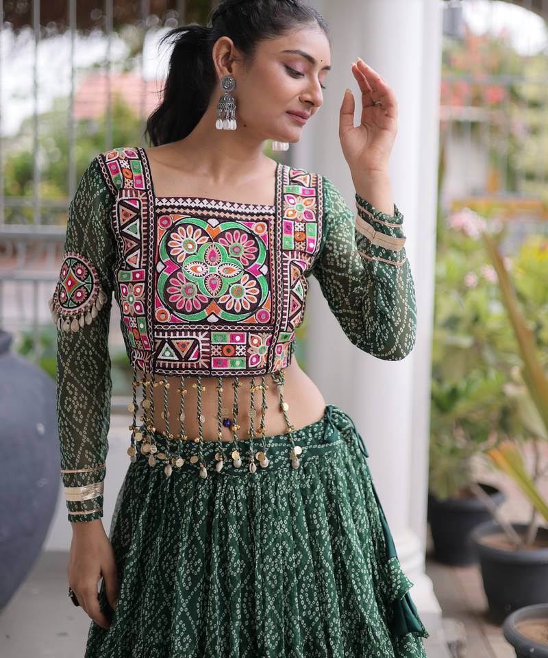 Garba outfits Green Bandhani Print Faux Georgette Kutchi Patchwork Lehenga Choli Set