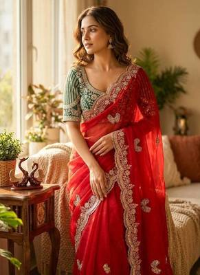 Soft Frendy Satin Fabric Sequance and Zari Embroidery Work Saree With Blouse Set For Women's 1