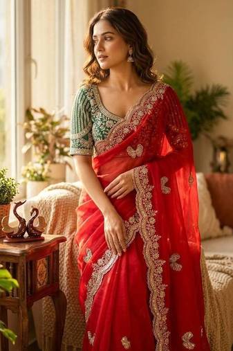 Soft Frendy Satin Fabric Sequance and Zari Embroidery Work Saree With Blouse Set For Women's