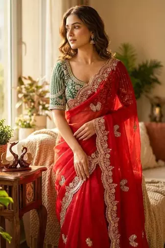 Soft Frendy Satin Fabric Sequance and Zari Embroidery Work Saree With Blouse Set For Women's