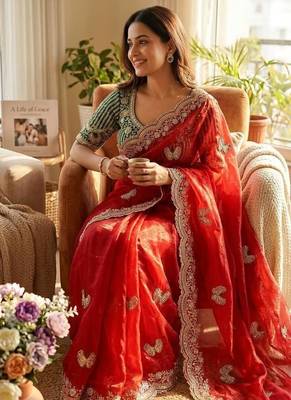 Soft Frendy Satin Fabric Sequance and Zari Embroidery Work Saree With Blouse Set For Women's 2