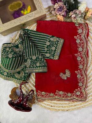 Soft Frendy Satin Fabric Sequance and Zari Embroidery Work Saree With Blouse Set For Women's 3