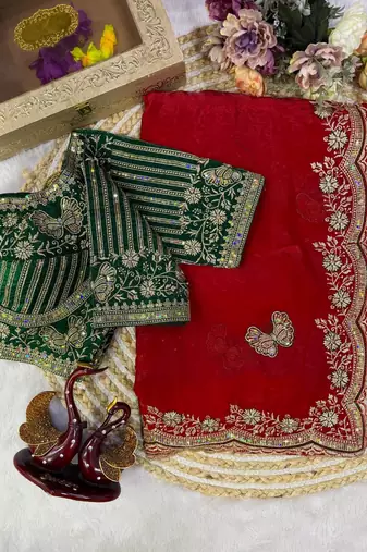 Soft Frendy Satin Fabric Sequance and Zari Embroidery Work Saree With Blouse Set For Women's