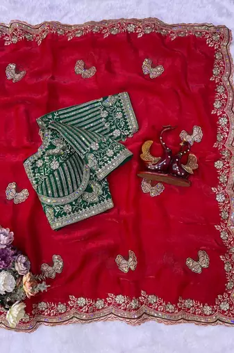 Soft Frendy Satin Fabric Sequance and Zari Embroidery Work Saree With Blouse Set For Women's