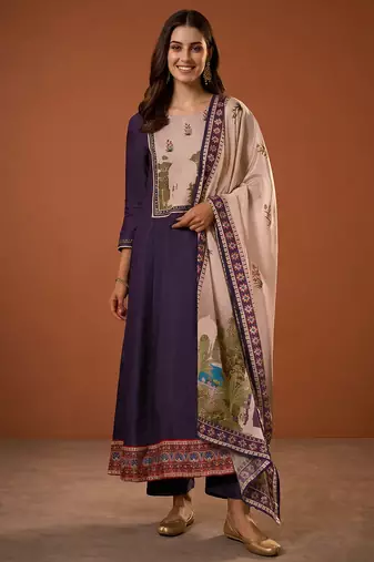 Printed Viscose Silk Flared Anarkali Pant and Dupatta Set