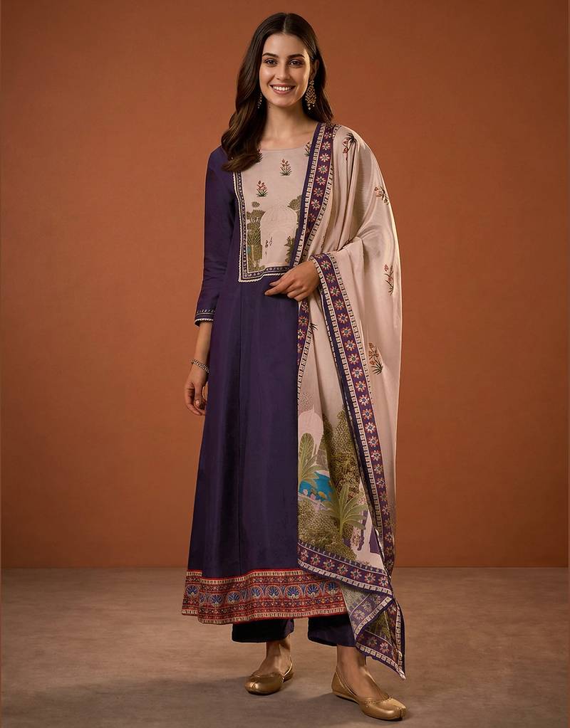 Printed Viscose Silk Flared Anarkali Pant and Dupatta Set