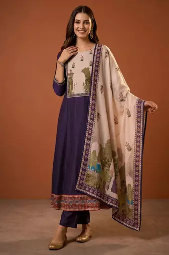 Printed Viscose Silk Flared Anarkali Pant and Dupatta Set