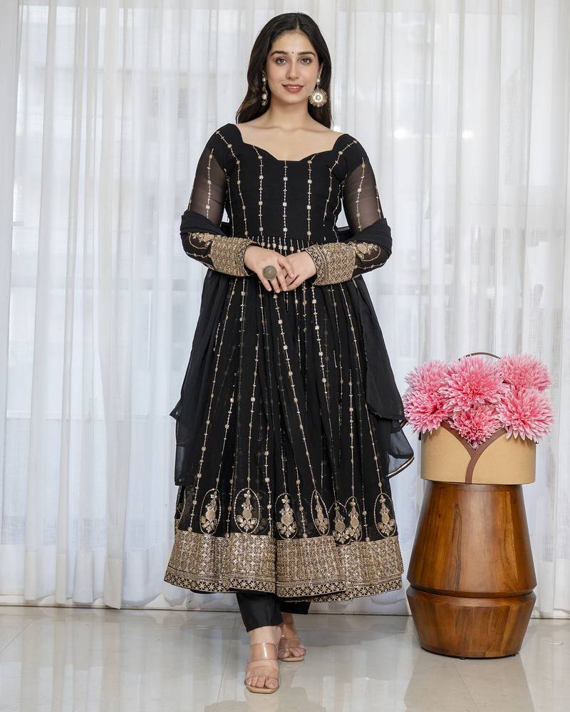 Black georgette   party wear embroidery anarkali suit set