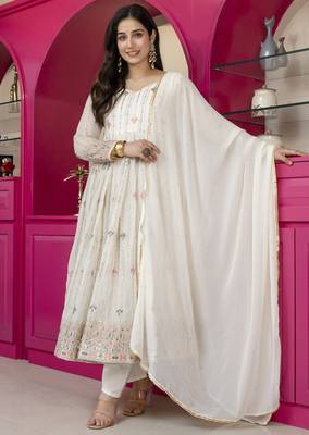Off white  georgette   party wear embroidery anarkali suit set 1