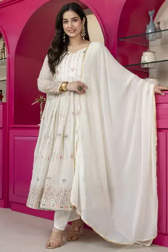 Off white  georgette   party wear embroidery anarkali suit set